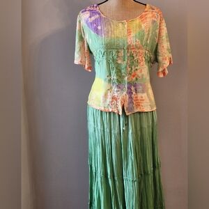 Fashion Fantasy Rayon Skirt Set In Green/Orange/Lavender Medium